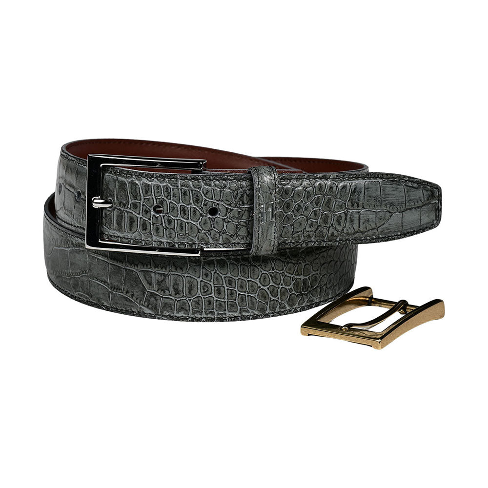 Torino Leather Alligator Grain Embossed Calfskin Double Buckle Belt Grey
