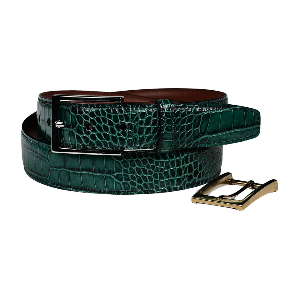 Torino Leather Alligator Grain Embossed Calfskin Double Buckle Belt Green