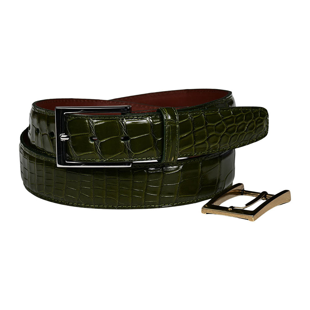 Torino Leather Waxed American Alligator Stitched Belt Olive