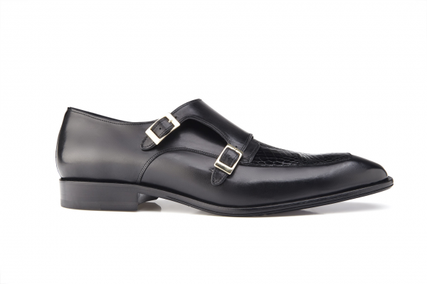Belvedere Alvaro Alligator & Calfskin Double Monk Strap Shoes Black