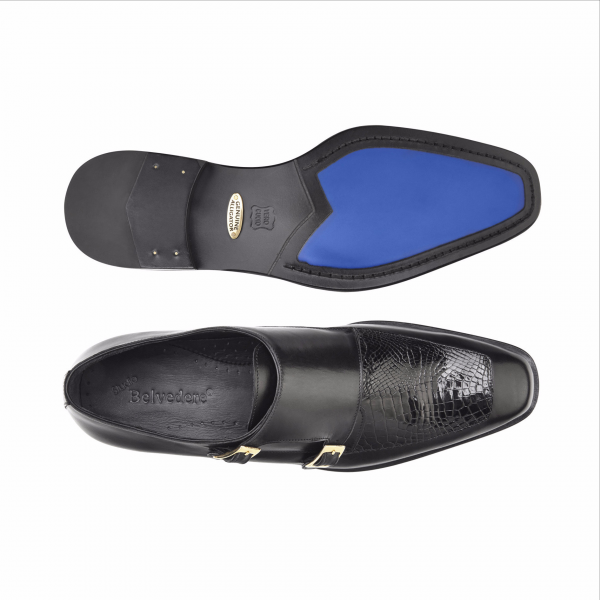 Belvedere Alvaro Alligator & Calfskin Double Monk Strap Shoes Black