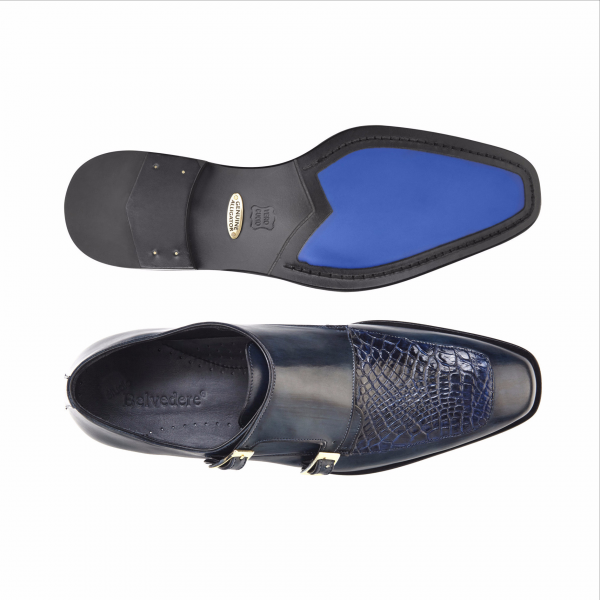Belvedere Alvaro Alligator & Calfskin Double Monk Strap Shoes Blue Safari