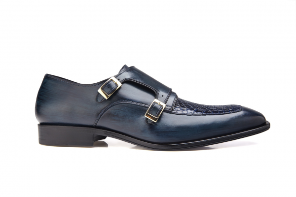Belvedere Alvaro Alligator & Calfskin Double Monk Strap Shoes Blue Safari