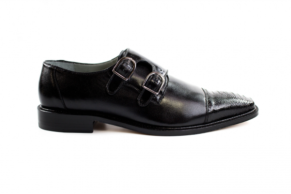 Belvedere Amico Calfskin & Ostrich Double Monk Strap Shoes Black