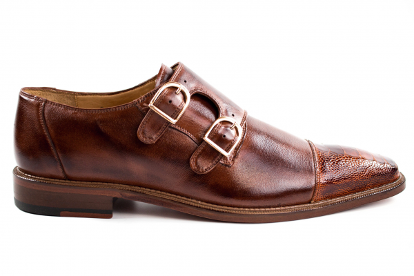 Belvedere Amico Calfskin & Ostrich Double Monk Strap Shoes Brandy / Almond