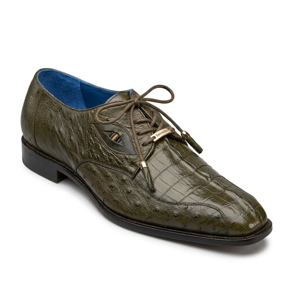 Belvedere Aldo Genuine Caiman Crocodile & Ostrich Quill Derby Olive