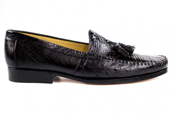 Belvedere  Bari Caimain & Ostrich Tassel Loafers Black