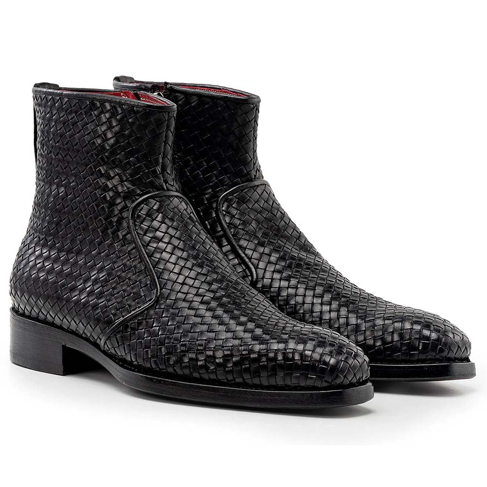 Paul Parkman Woven Leather Hand-Welted Zipper Boots Black