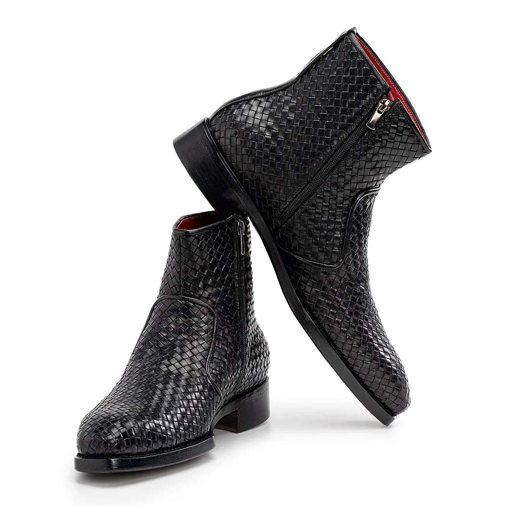 Paul Parkman Woven Leather Hand-Welted Zipper Boots Black