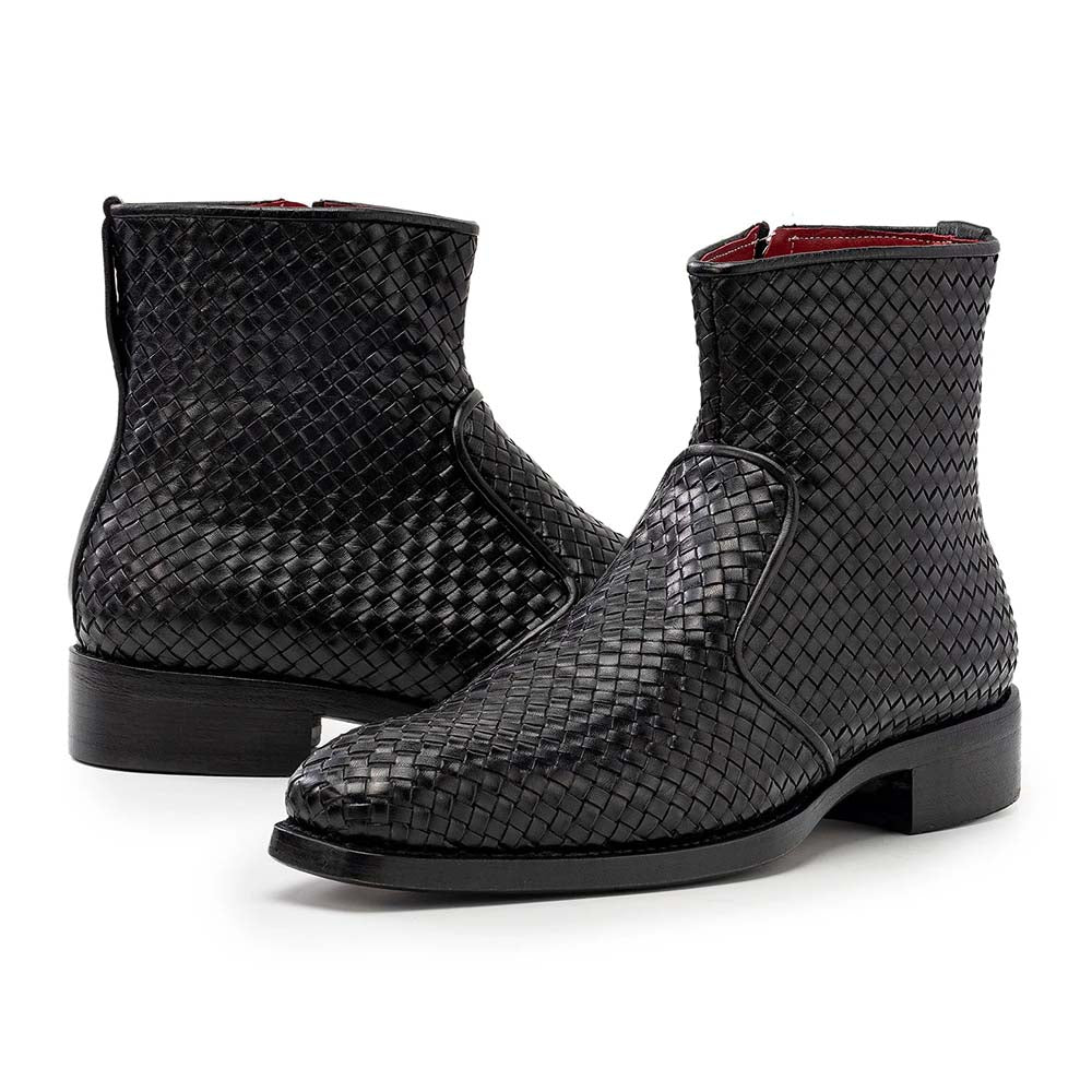 Paul Parkman Woven Leather Hand-Welted Zipper Boots Black