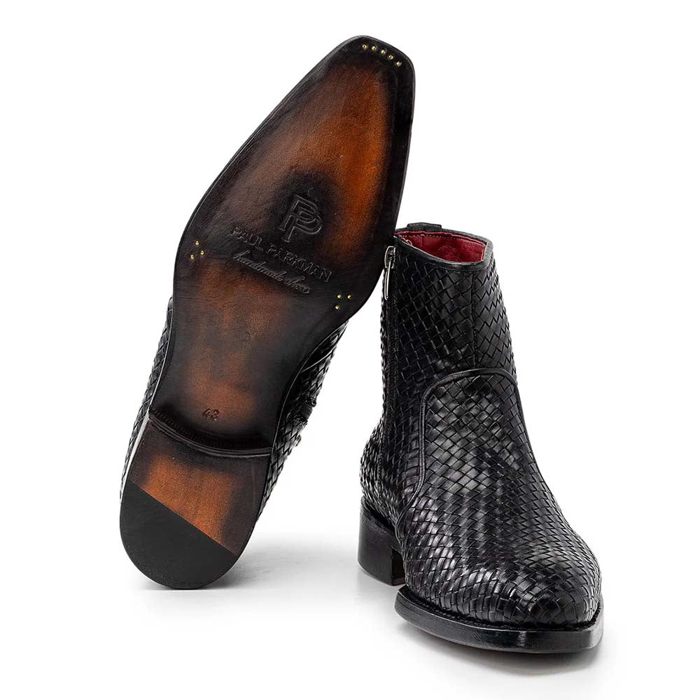 Paul Parkman Woven Leather Hand-Welted Zipper Boots Black