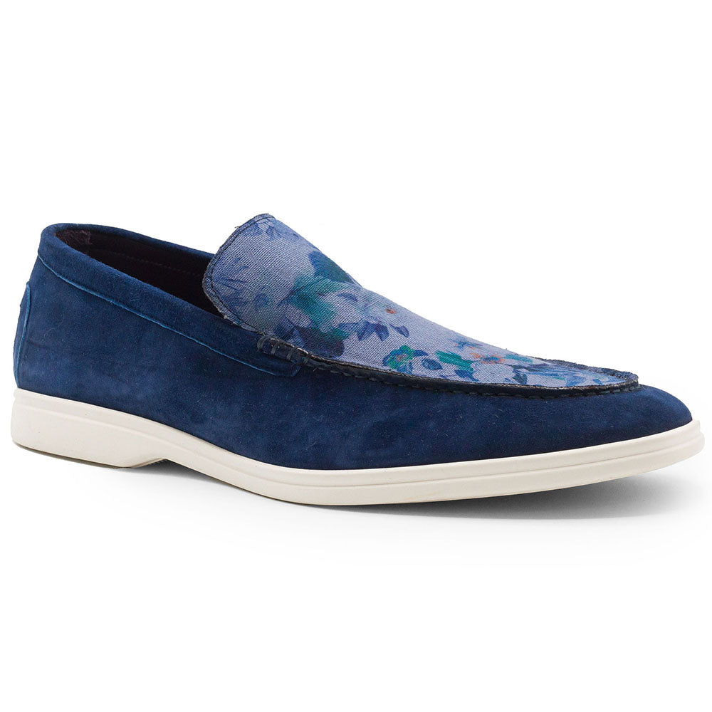 Zelli Bene Sueded Italian Goatskin & Floral Fabric Loafer Navy