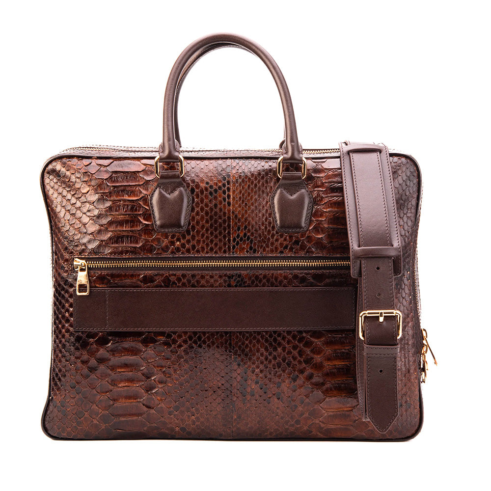 Vinci Leather The Cortona Python Leather Men’s Laptop Briefcase Brown