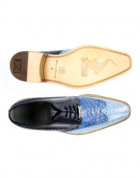 Belvedere Ciro Crocodile & Calfskin Wingtip Shoes Light Blue / Ocean / Navy