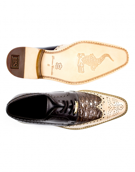 Belvedere Ciro Crocodile & Calfskin Wingtip Shoes Taupe / Tabac / Dark Brown