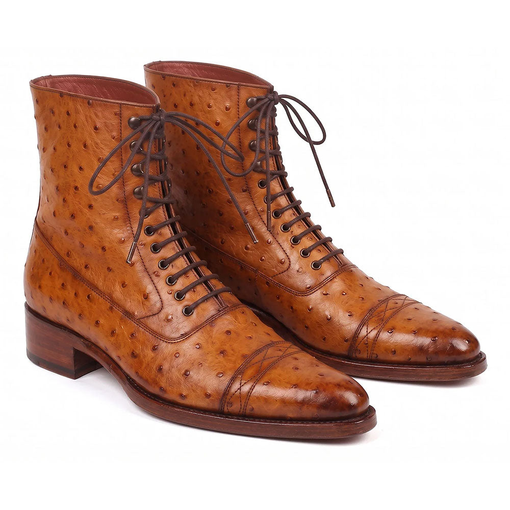 Paul Parkman Genuine Ostrich Skin Boots Burnished Cognac Brown