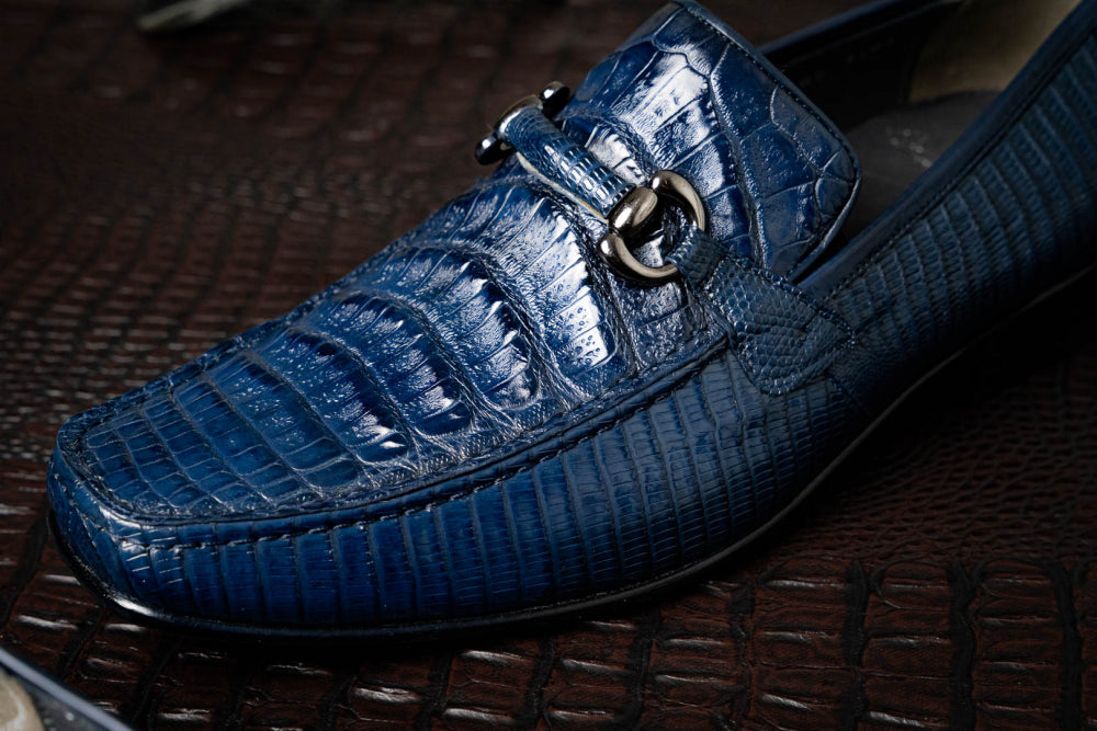Los Altos Caiman & Lizard Bit Loafers Navy Blue
