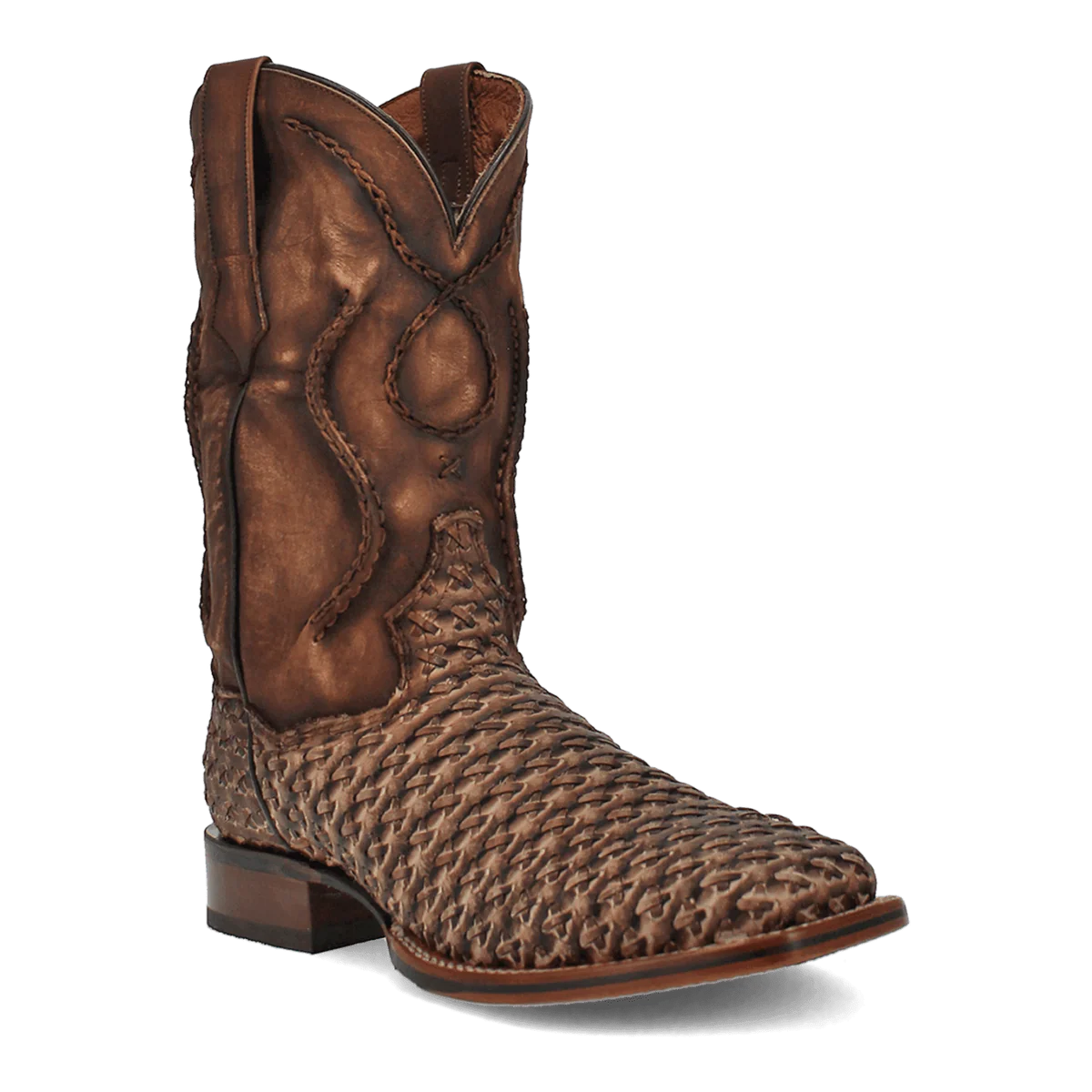 Dan Post Stanley Woven Leather Square Toe Cowboy Boot Tan Distressed (DP4903)