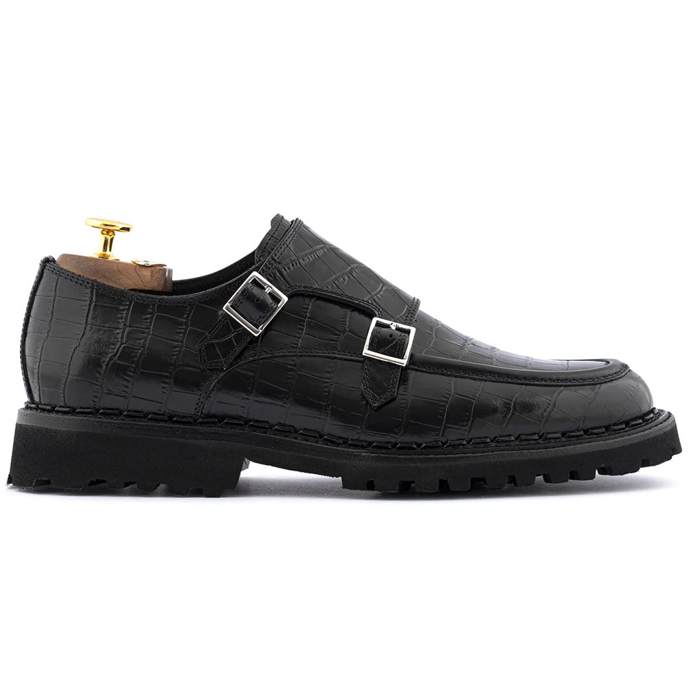 Harris Firenze 1913 Crocodile Print Leather Double Monk Strap Black