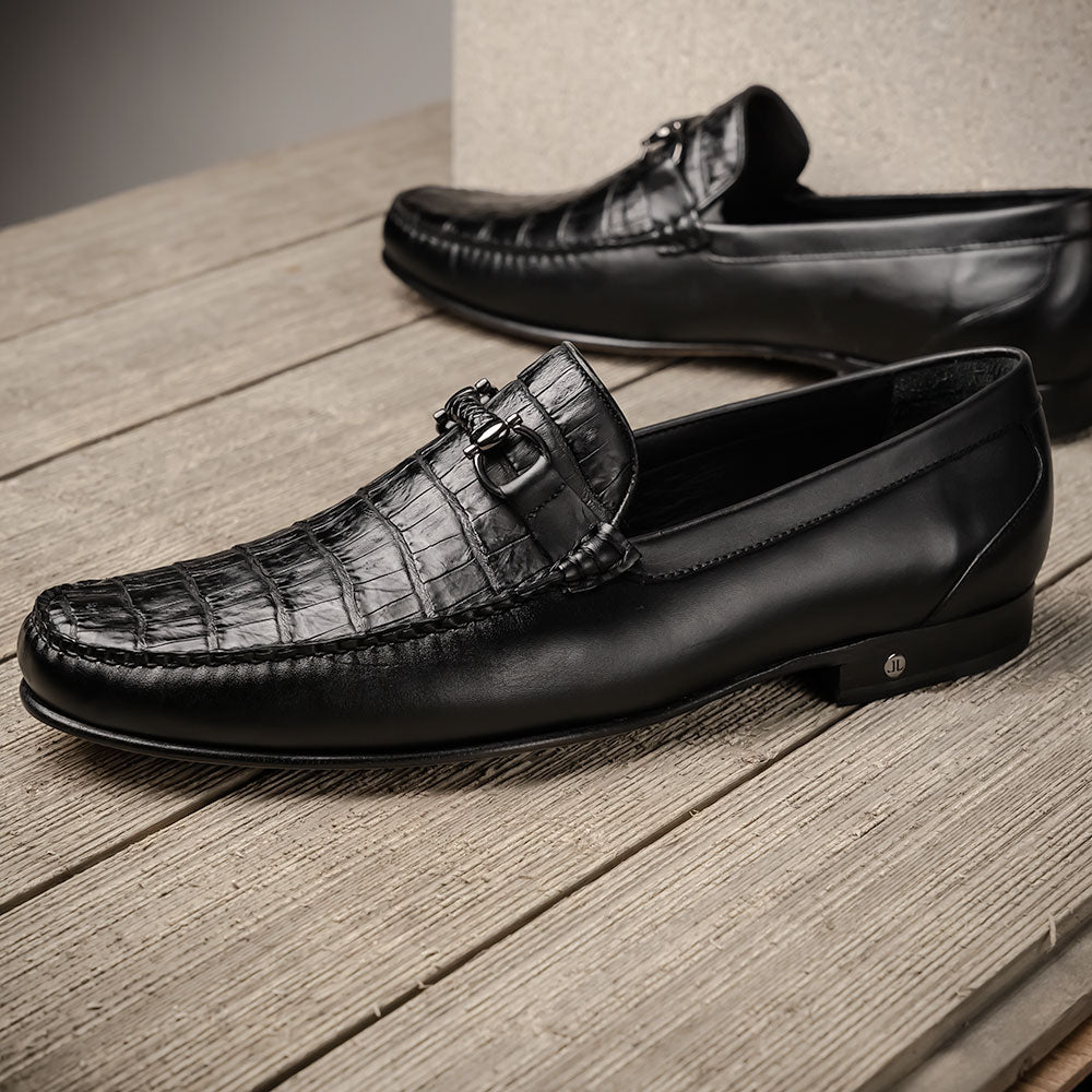 Lombardy Belly Caiman & Calfskin Bit Loafers Black