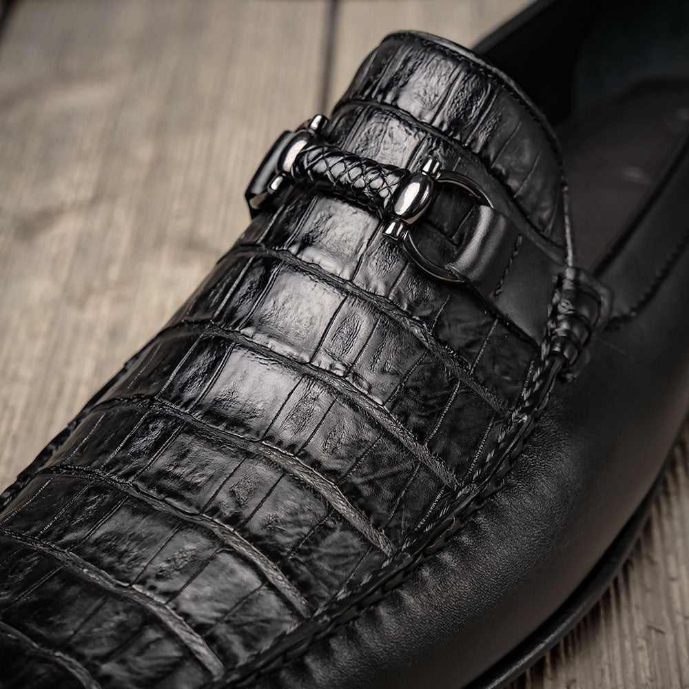 Lombardy Belly Caiman & Calfskin Bit Loafers Black