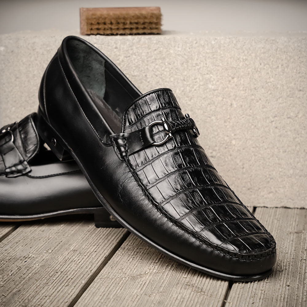 Lombardy Belly Caiman & Calfskin Bit Loafers Black