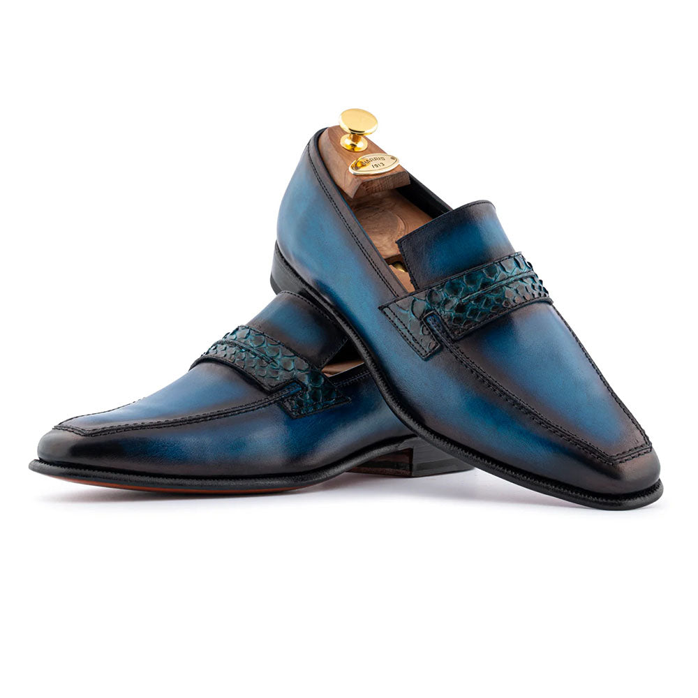 Harris Firenze 1913 Hand-Shaded Fine Detail Leather Loafers Blue