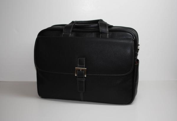 Torino Leather Double Zip Brief in Tumbled Leather - Black
