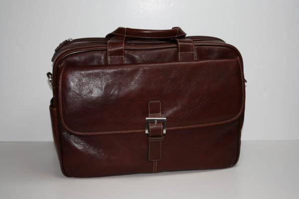 Torino Leather Double Zip Brief in Tumbled Leather - Burnished Brown