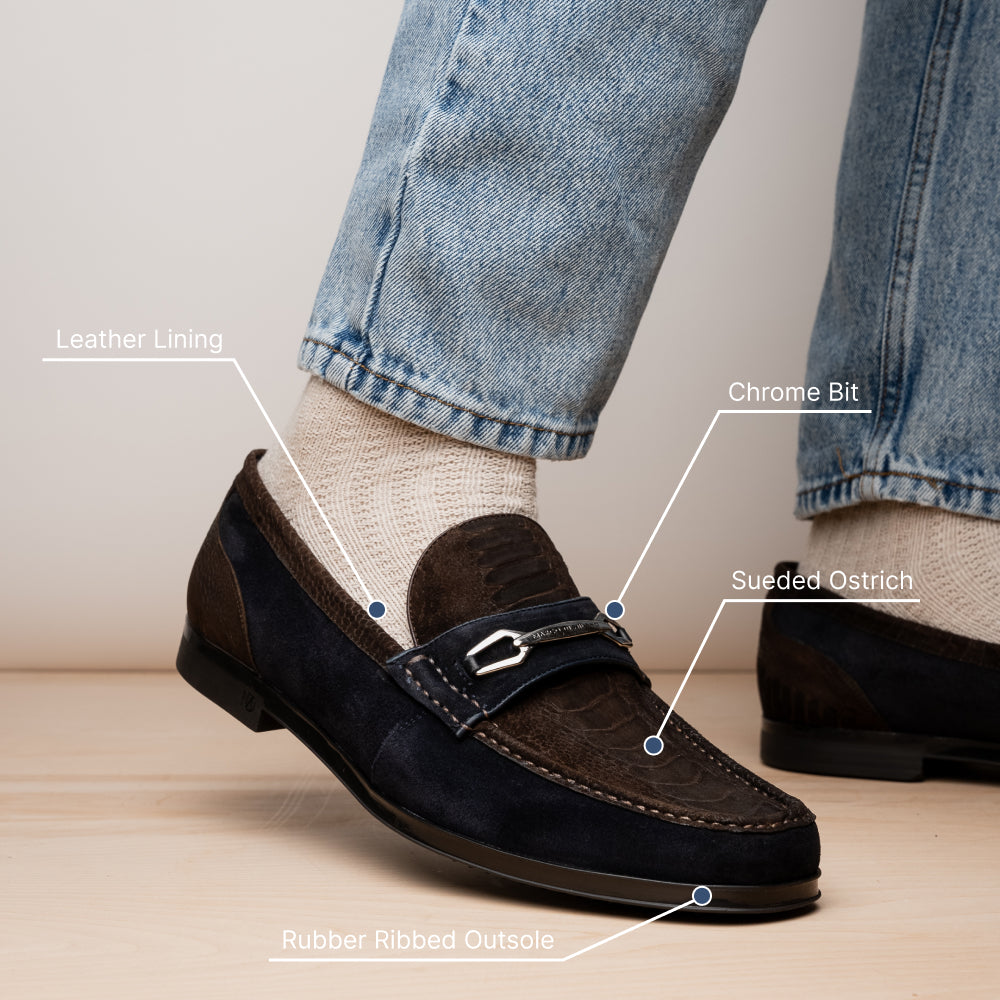 Marco Di Milano Hugo Sueded Ostrich Leg Bit Loafers Brown / Navy