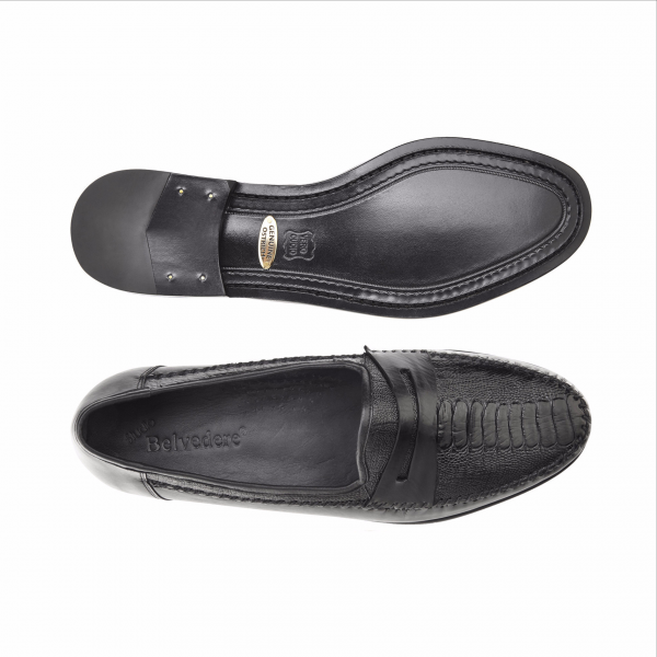 Belvedere Giotto Ostrich Leg & Calfskin Penny Loafers Black
