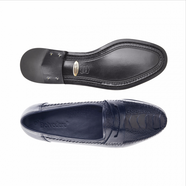 Belvedere Giotto Ostrich Leg & Calfskin Penny Loafers Navy