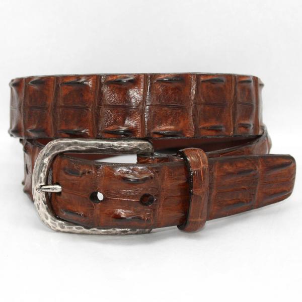 Torino Leather Hornback Crocodile Belt Nickel Buckle - Cognac