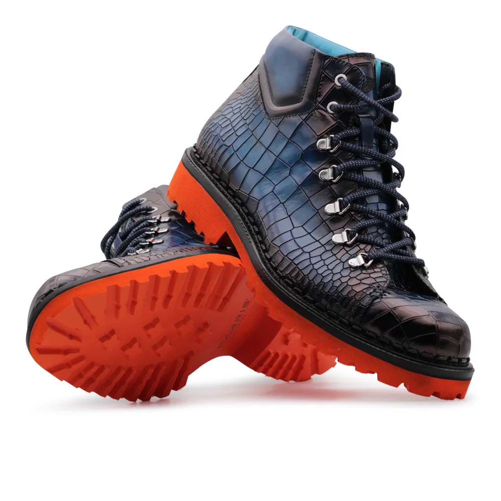 Harris Firenze 1913 Pedula Crocodile Print Leather Boots Navy Blue