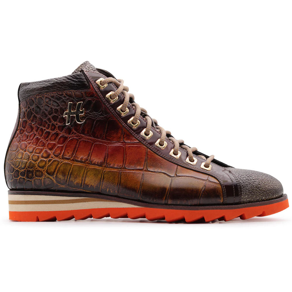 Harris Firenze 1913 Hand-Painted Crocodile Embossed Ankle Boots Orange
