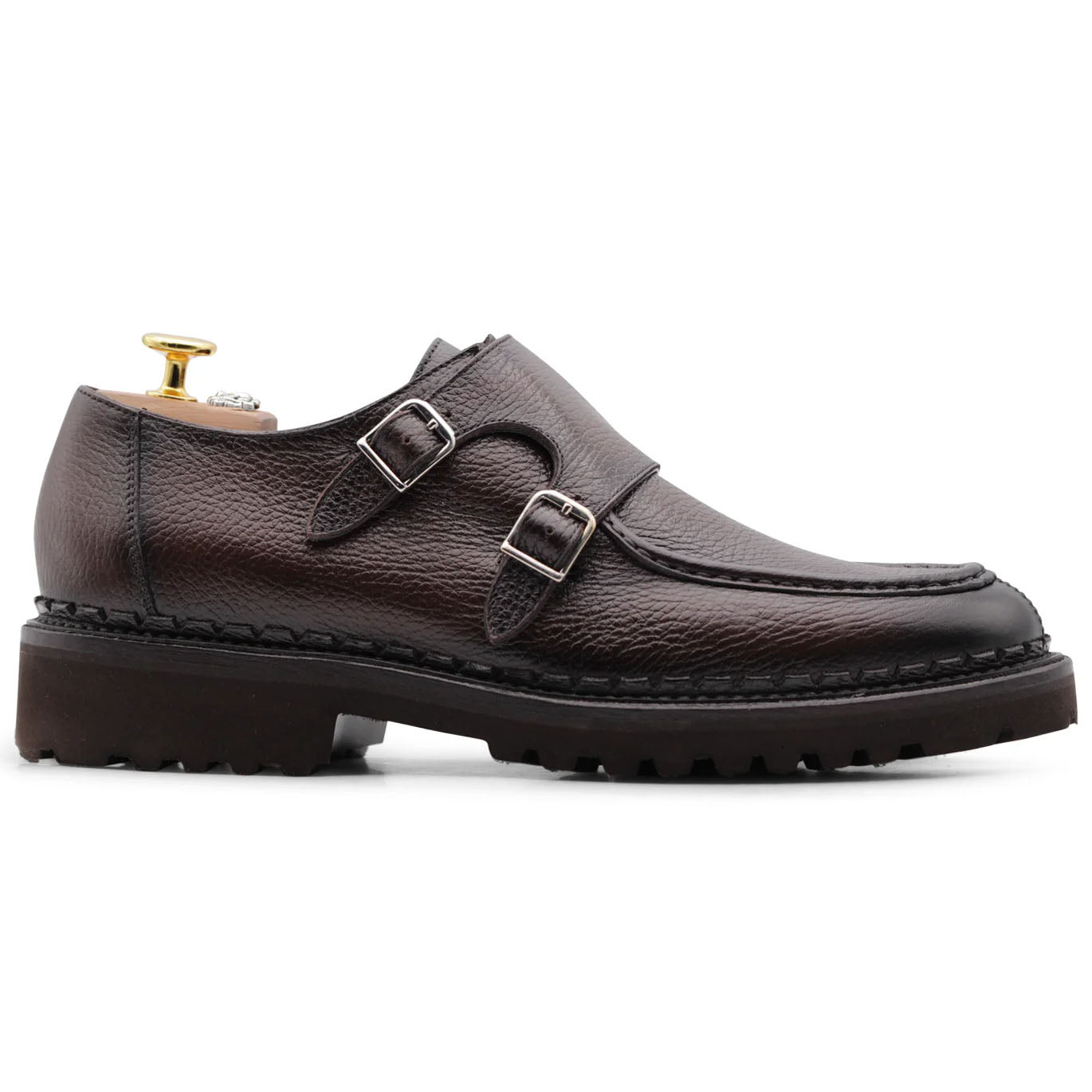 Harris Firenze 1913 Moose Effect Leather Double Monk Strap Dark Brown