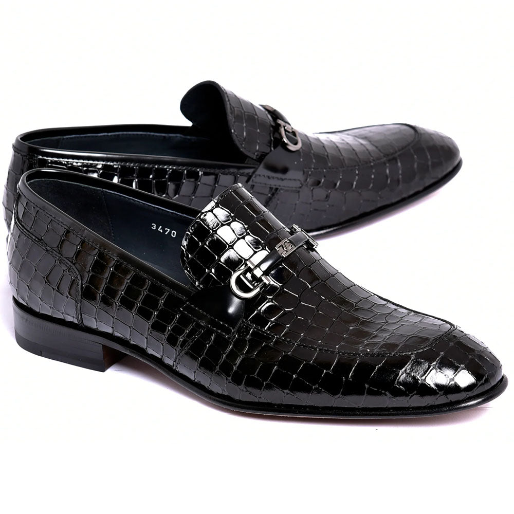 Corrente C01707-3470BC Crocodile Embossed Leather Bit Loafer Black