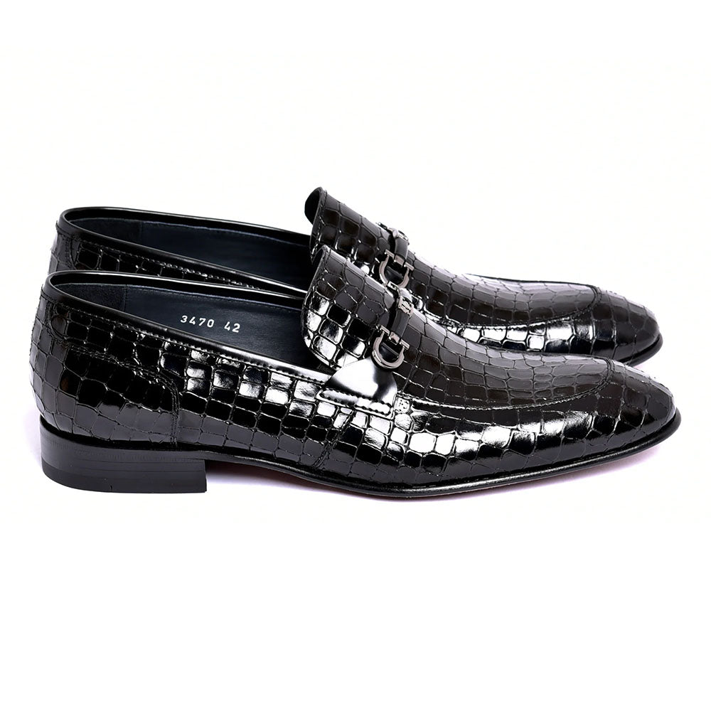 Corrente C01707-3470BC Crocodile Embossed Leather Bit Loafer Black