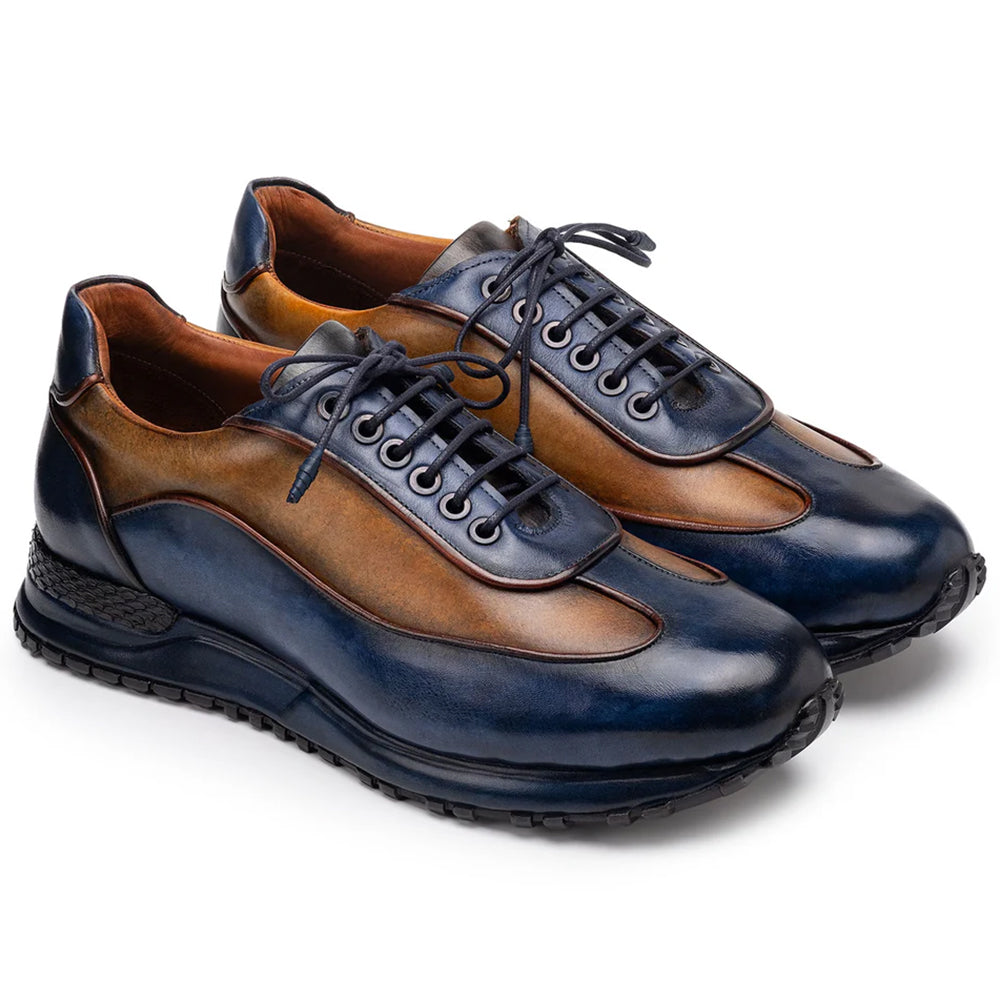 Paul Parkman Men's Patina Leather Sneakers Blue & Camel