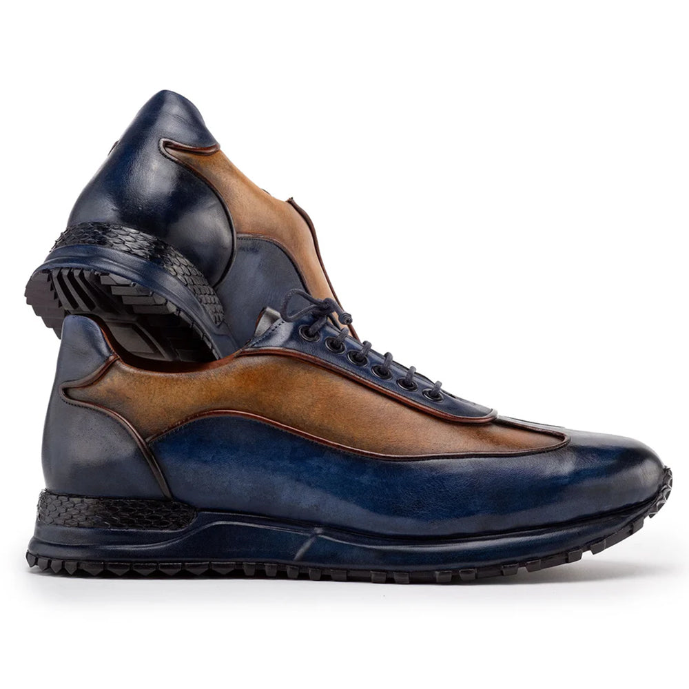Paul Parkman Men's Patina Leather Sneakers Blue & Camel