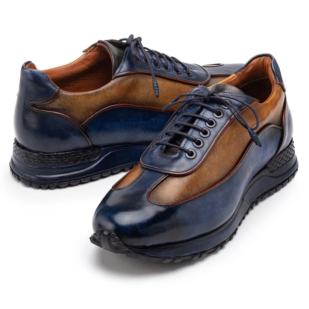 Paul Parkman Men's Patina Leather Sneakers Blue & Camel