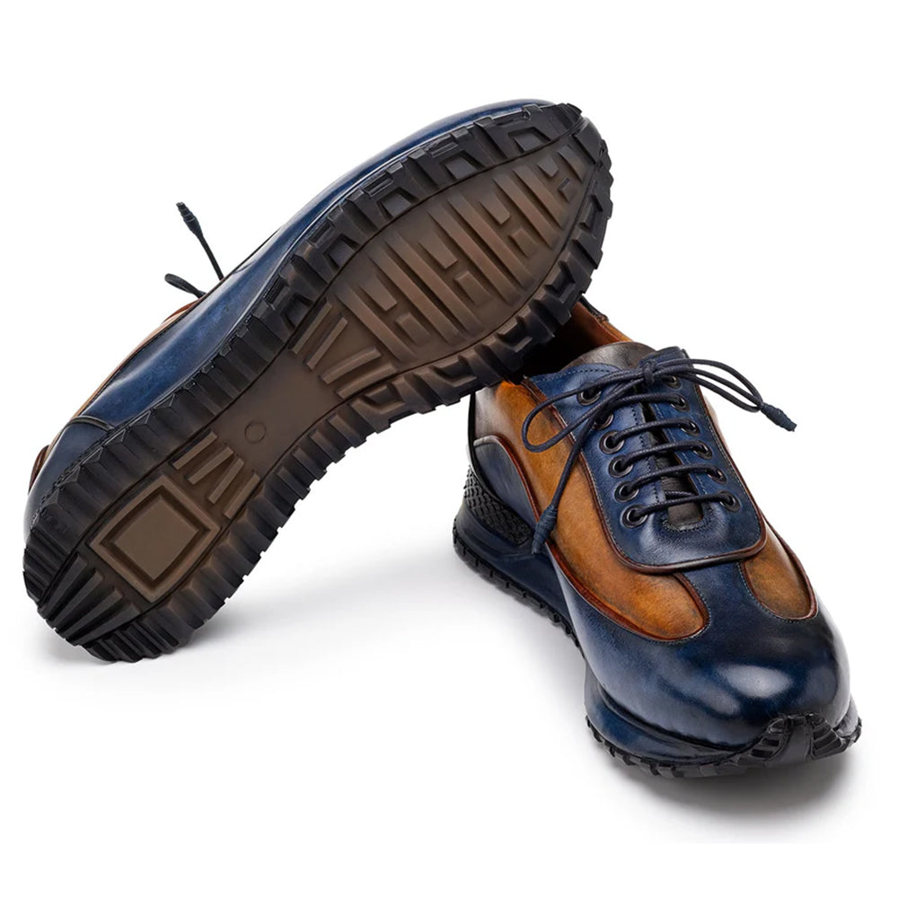 Paul Parkman Men's Patina Leather Sneakers Blue & Camel