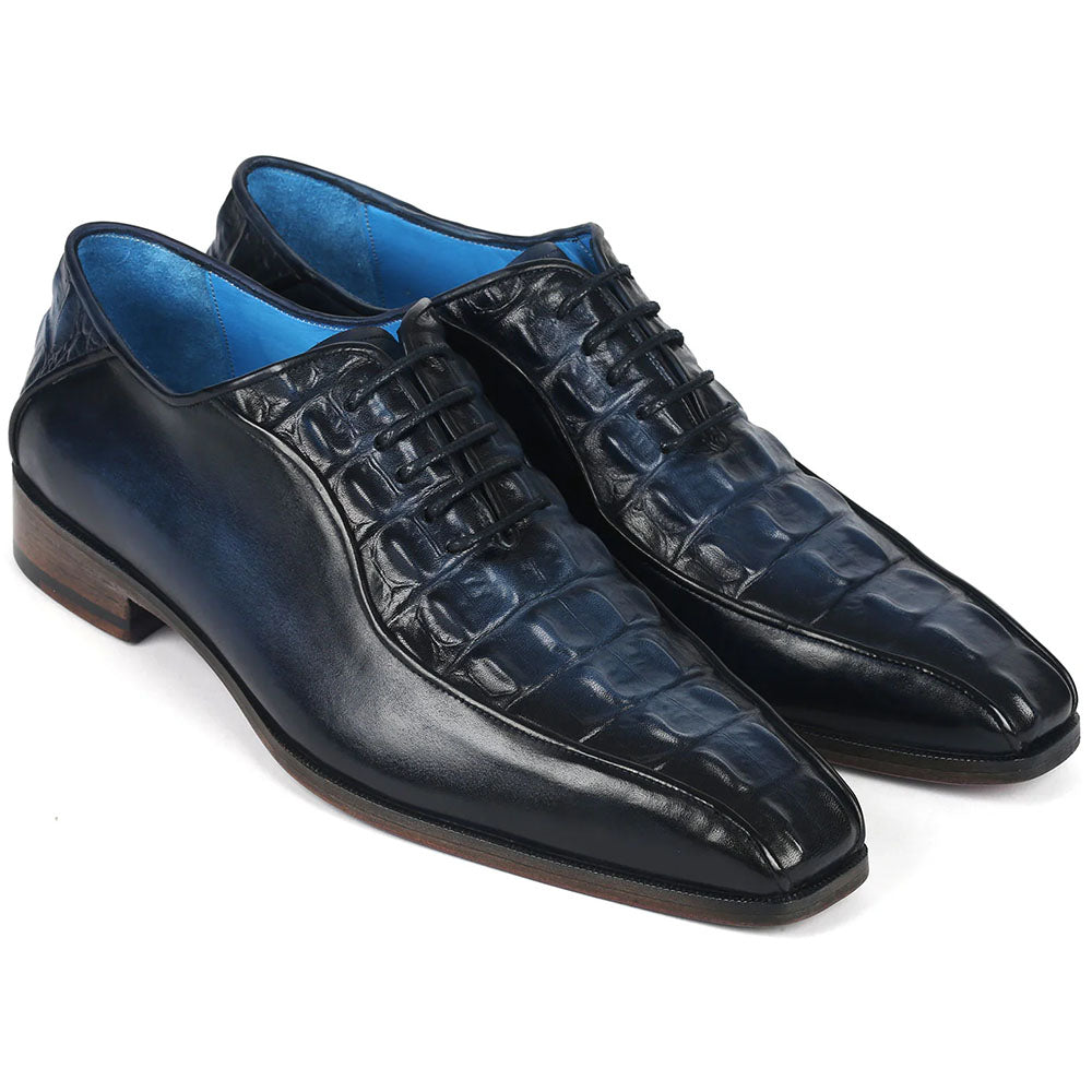 Paul Parkman Croco Textured Leather Bicycle Toe Oxfords Navy