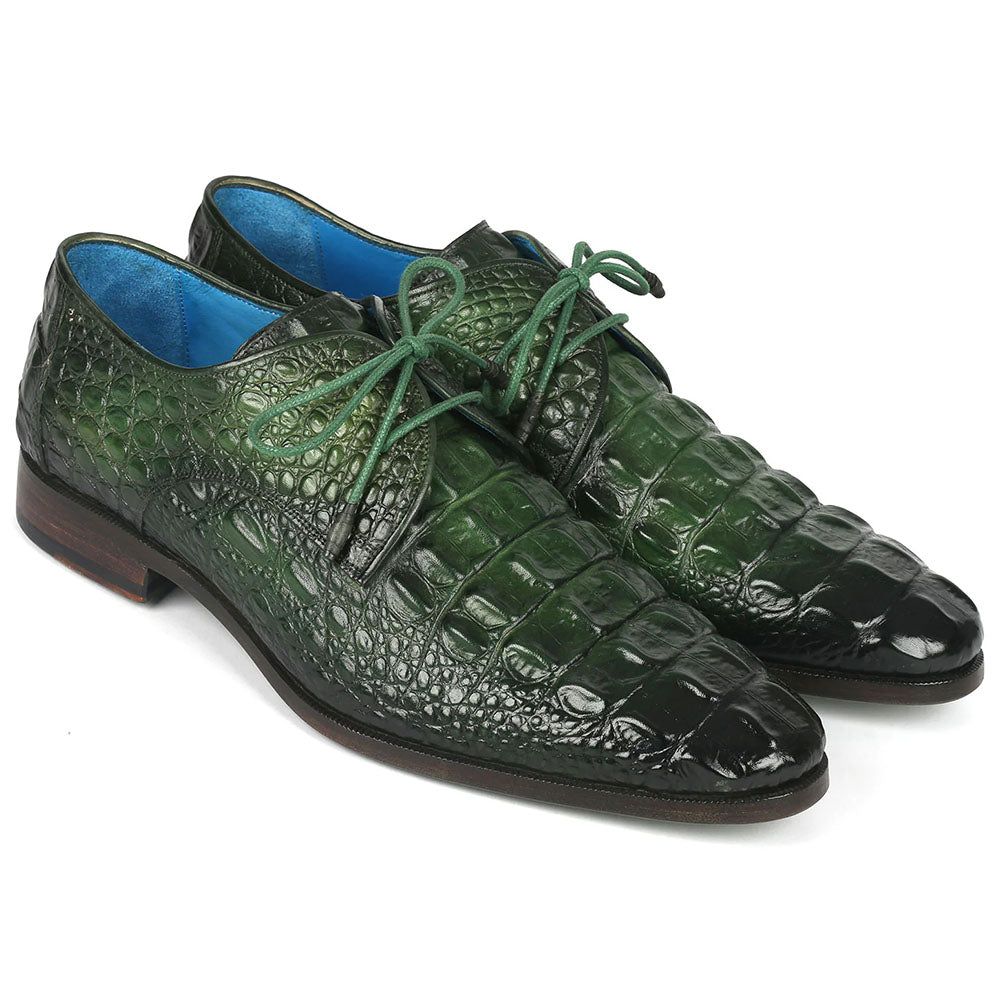 Paul Parkman Croco Textured Leather Derby Shoes Green