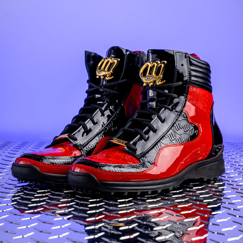 Mauri 8401 Flash Crocodile & Ostrich High Top Sneakers Black / Red (Special Order)