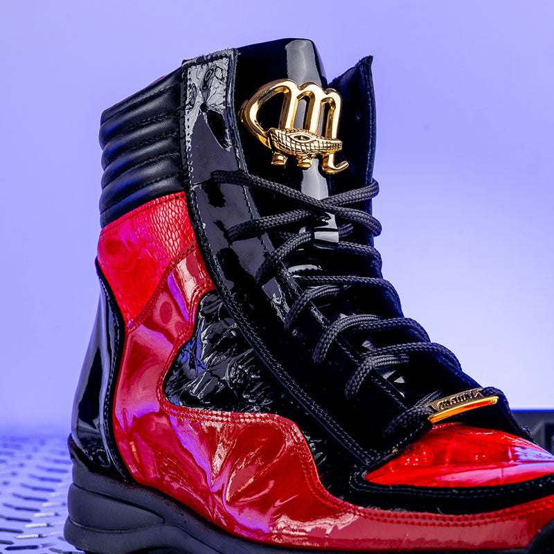 Mauri 8401 Flash Crocodile & Ostrich High Top Sneakers Black / Red (Special Order)