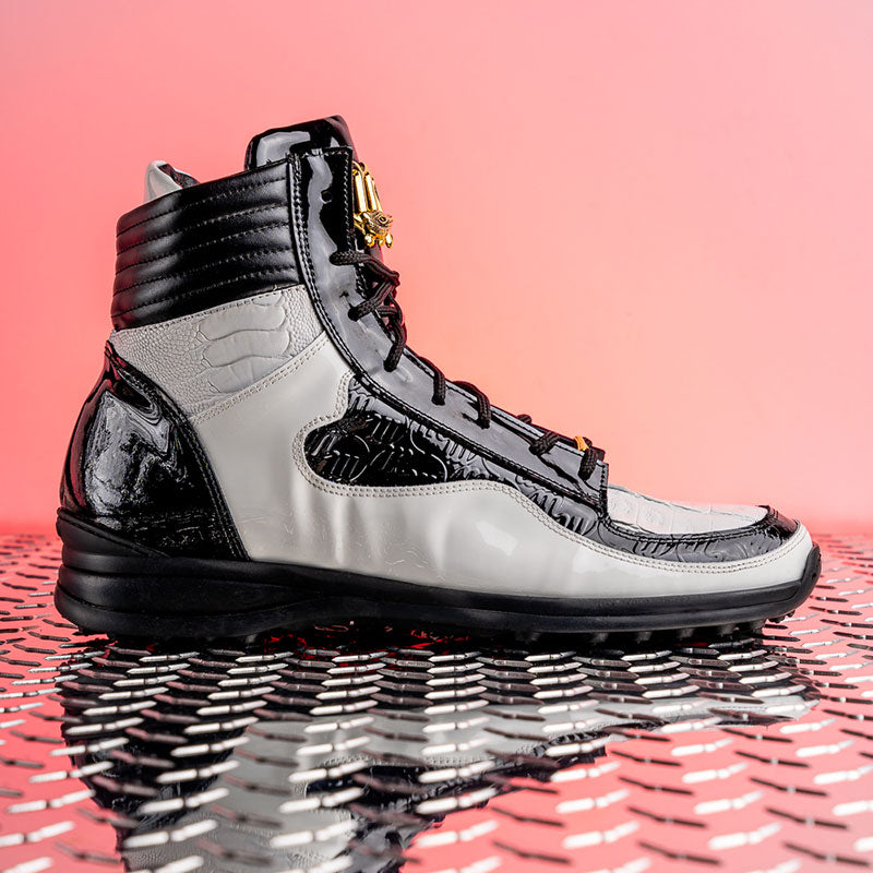 Mauri 8401 Baby Crocodile / Ostrich Leg / Embossed Patent Sneakers White / Black (Special Order)