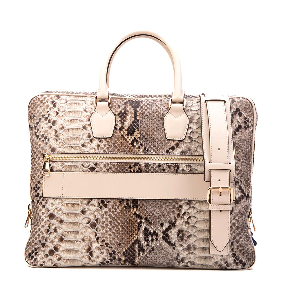 Vinci Leather The Cortona Python Leather Men’s Laptop Briefcase Natural