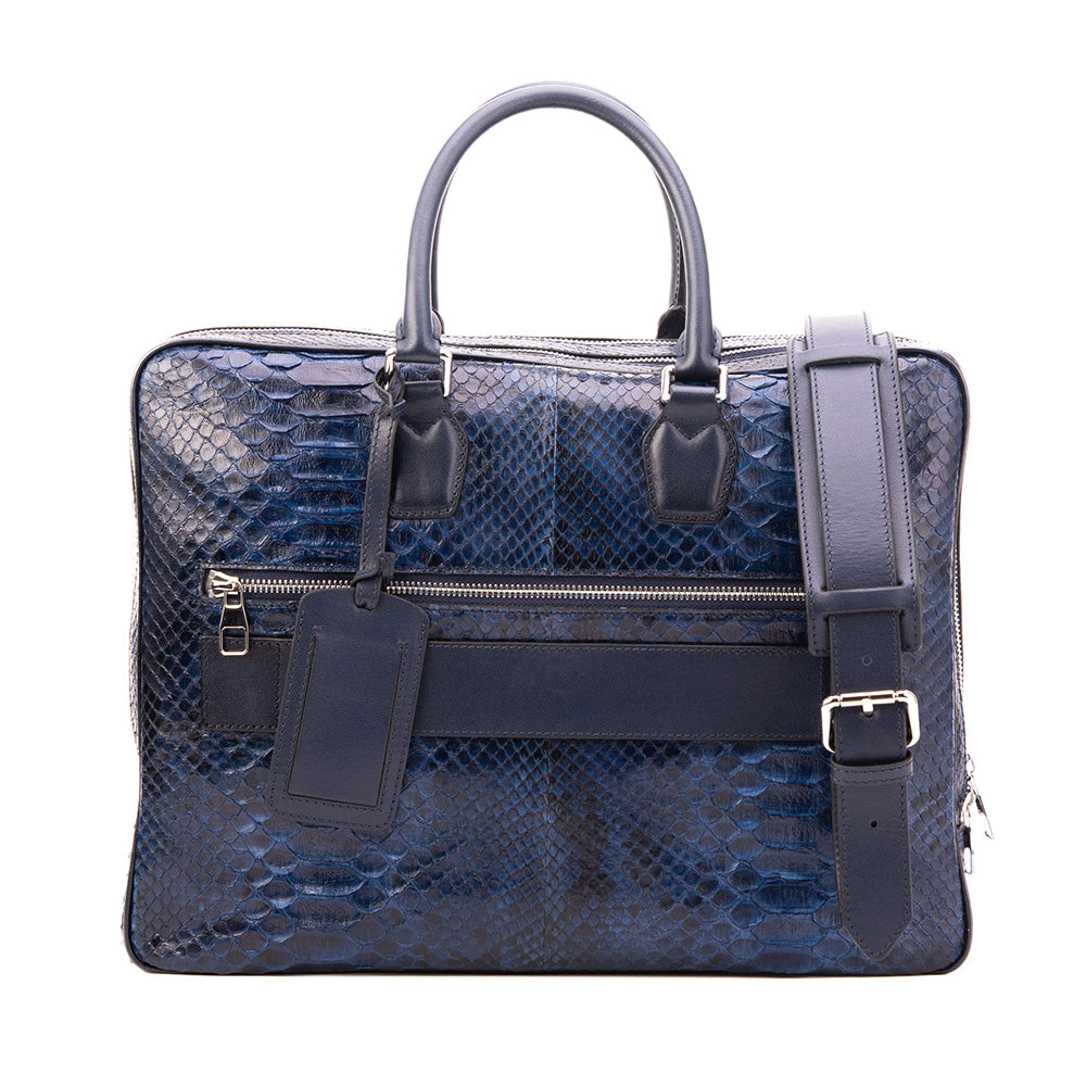 Vinci Leather The Cortona Python Leather Men’s Laptop Briefcase Navy Blue