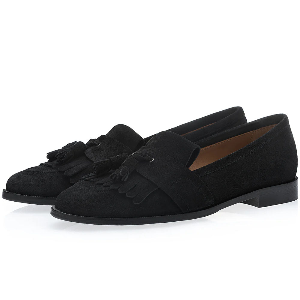 Superglamourous Romea Gorain Waterproof Suede Tassel Loafer Black